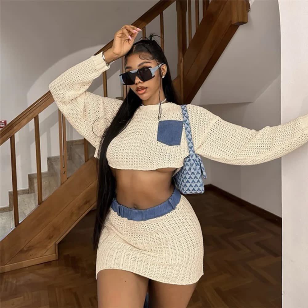 White Patchwork Denim Two Piece Set for Women - Knitted Crop Top + Mini Skirt Set